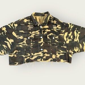 Cropped Camo Denim Jacket (XL) — Distressed Raw Hem Streetwear Style